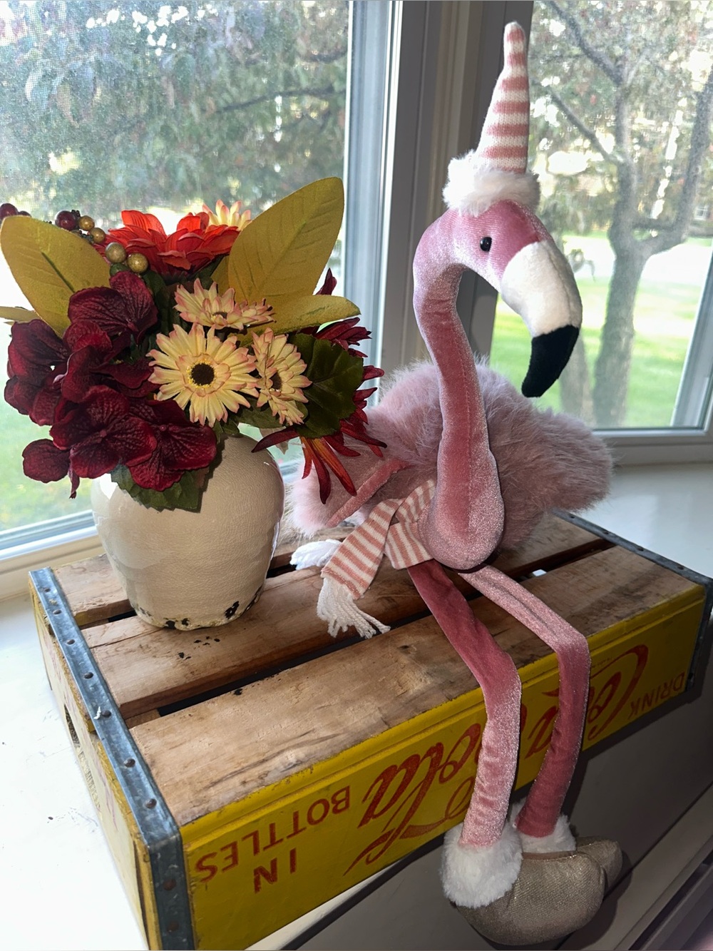 Pink Plush Festive Winter Flamingo Shelf Sitter with Striped Scraft & Hat- New